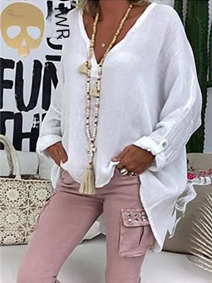 Woman wearing White Oversized Lightweight Blouse with relaxed | Lunova