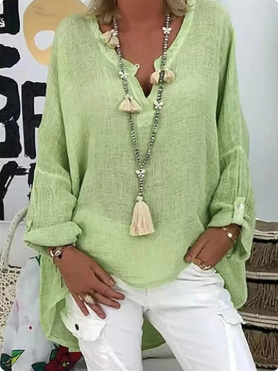 Woman wearing Green Oversized Lightweight Blouse with relaxed | Lunova