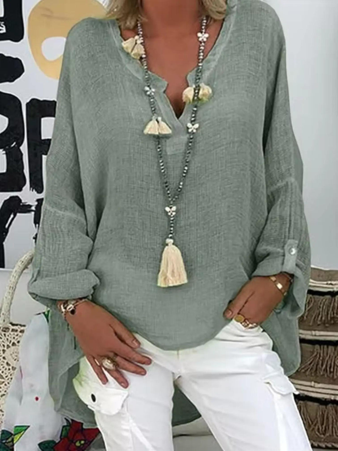 Woman wearing Oversized Lightweight Blouse with relaxed — view 2 | Lunova