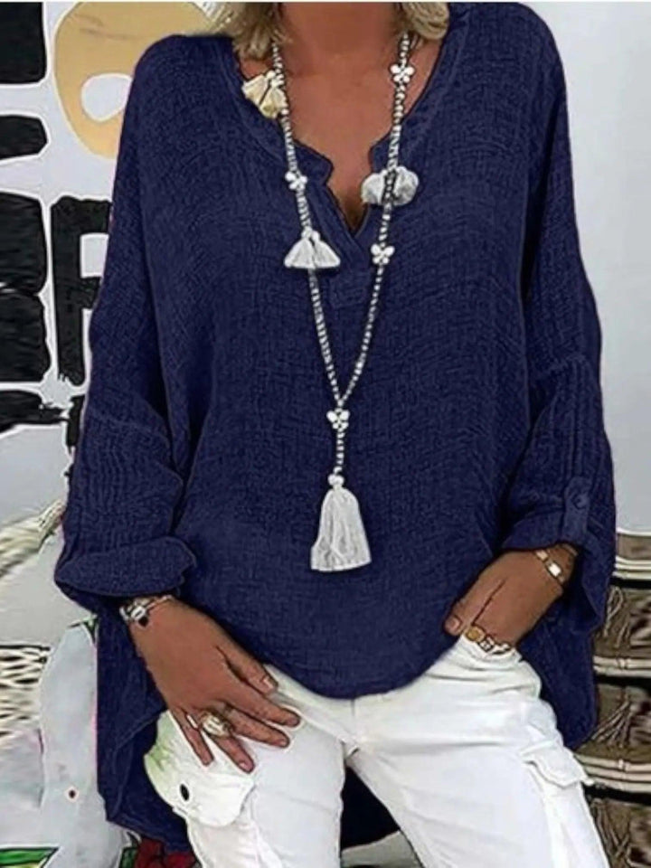 Woman wearing Navy Oversized Lightweight Blouse with relaxed | Lunova