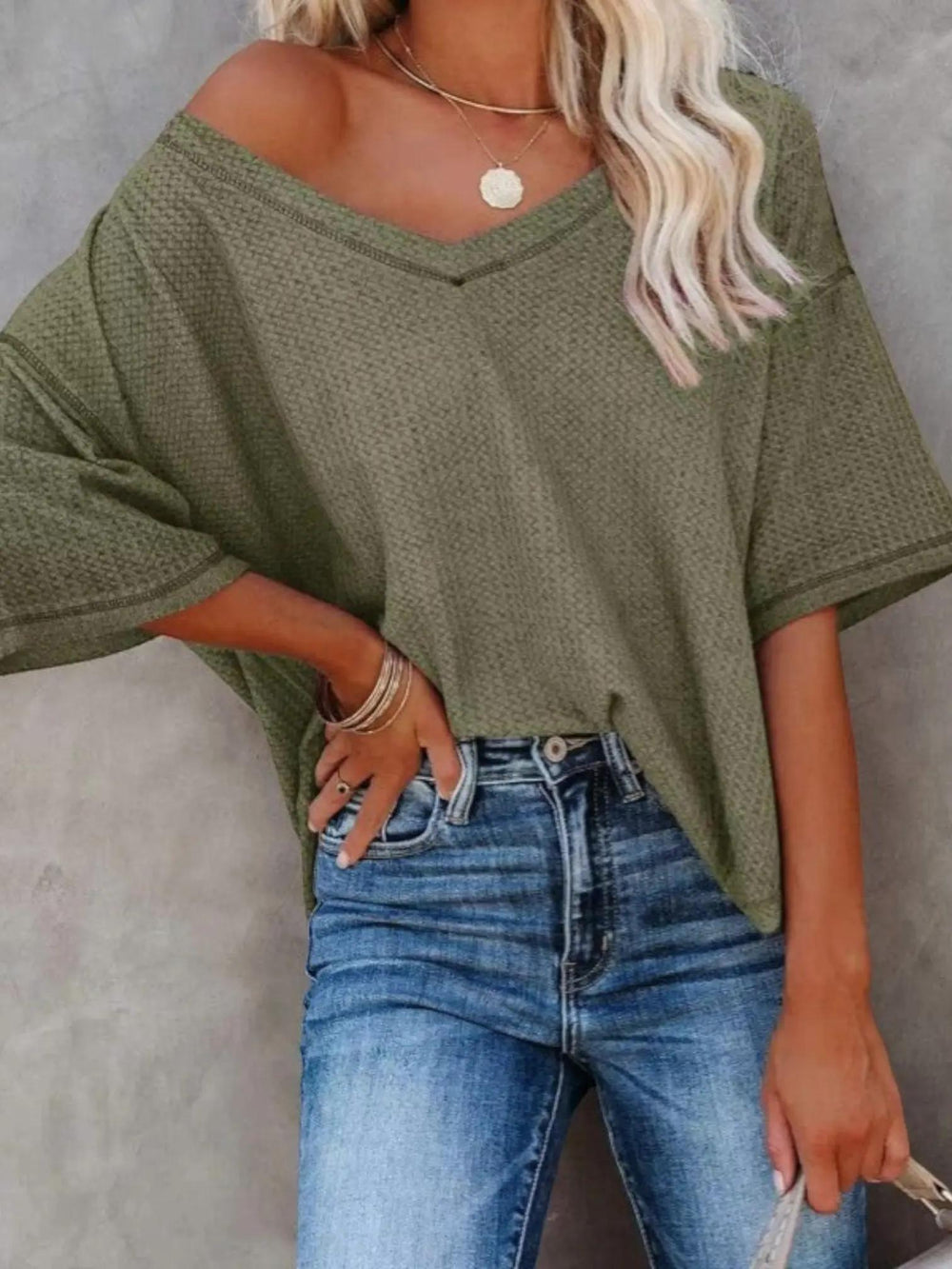 Woman wearing Army Green Oversized V-Neck Shirt with relaxed, V-neck | Lunova