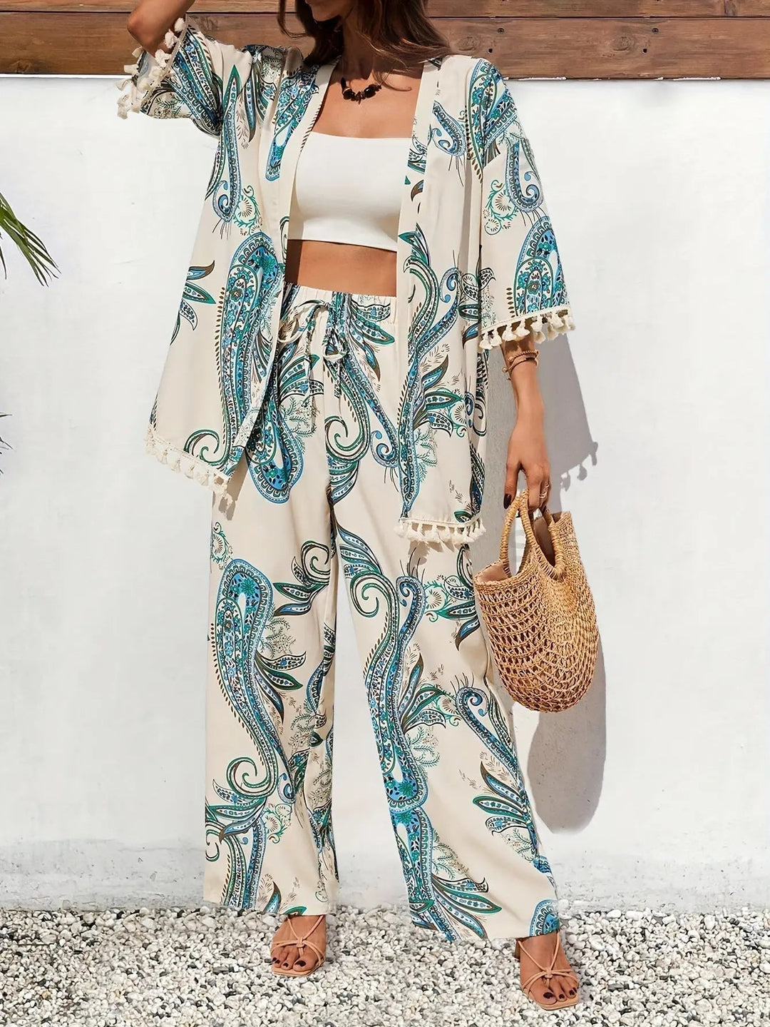 Woman wearing Paisley Print Three-Piece Set with relaxed, paisley — view 2 | Lunova