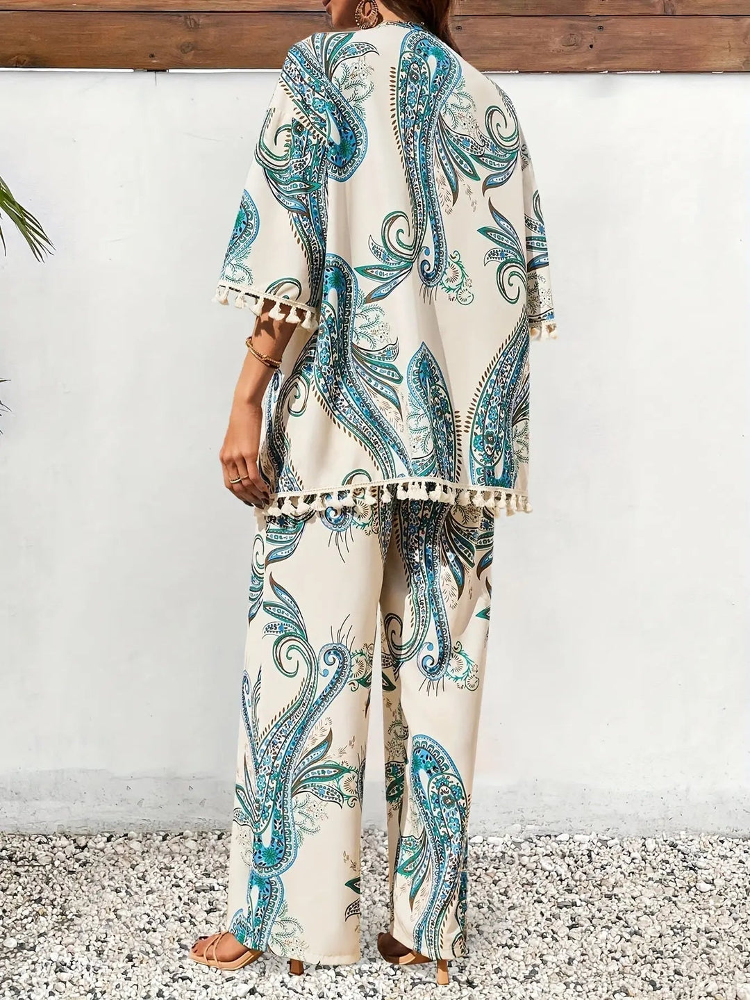 Woman wearing Paisley Print Three-Piece Set with relaxed, paisley — view 3 | Lunova