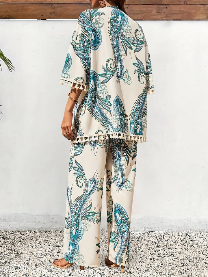 Woman wearing Paisley Print Three-Piece Set with relaxed, paisley — view 3 | Lunova