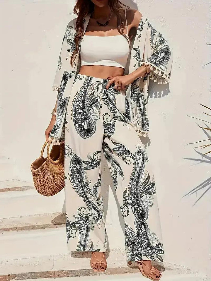 Woman wearing Black Paisley Print Three-Piece Set with relaxed, paisley | Lunova