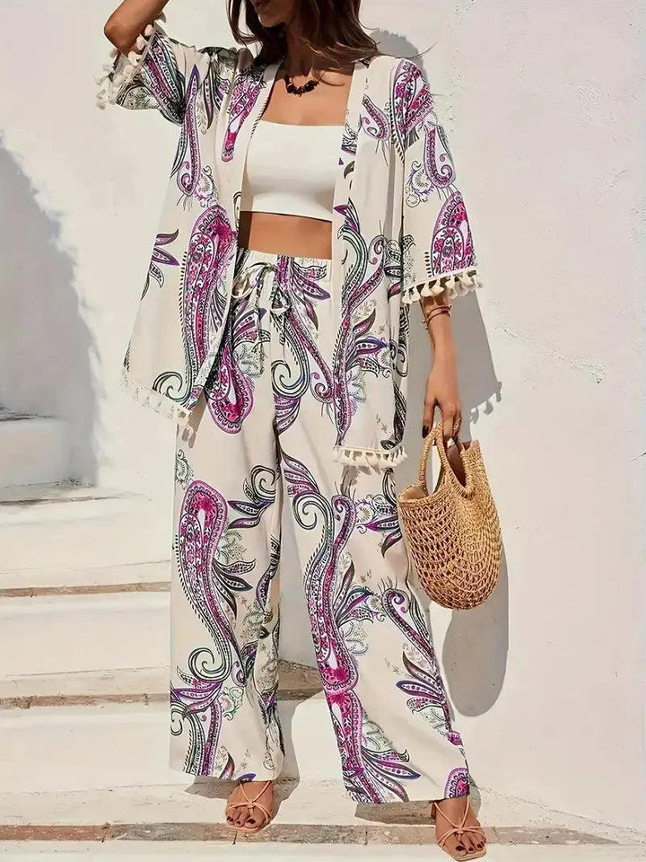 Woman wearing Purple Paisley Print Three-Piece Set with relaxed, paisley | Lunova
