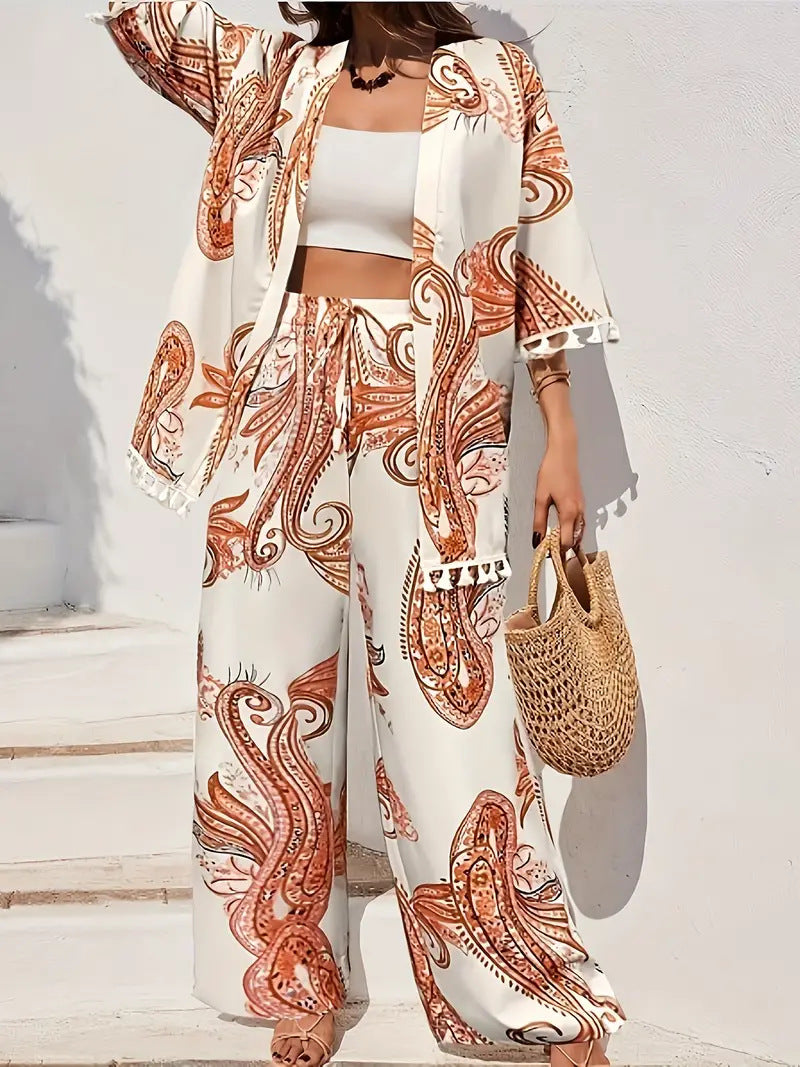 Woman wearing Orange Paisley Print Three-Piece Set with relaxed, paisley | Lunova