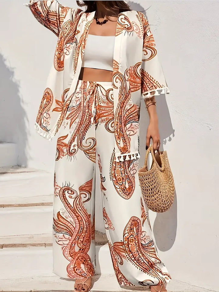 Woman wearing Orange Paisley Print Three-Piece Set with relaxed, paisley | Lunova