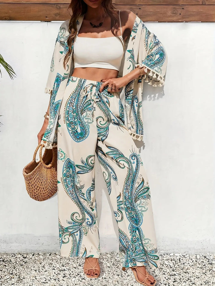 Woman wearing Green Paisley Print Three-Piece Set with relaxed, paisley | Lunova