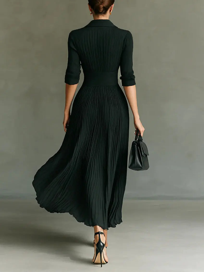 Woman wearing Pleated Button Maxi Dress with button-front, fitted — view 2 | Lunova