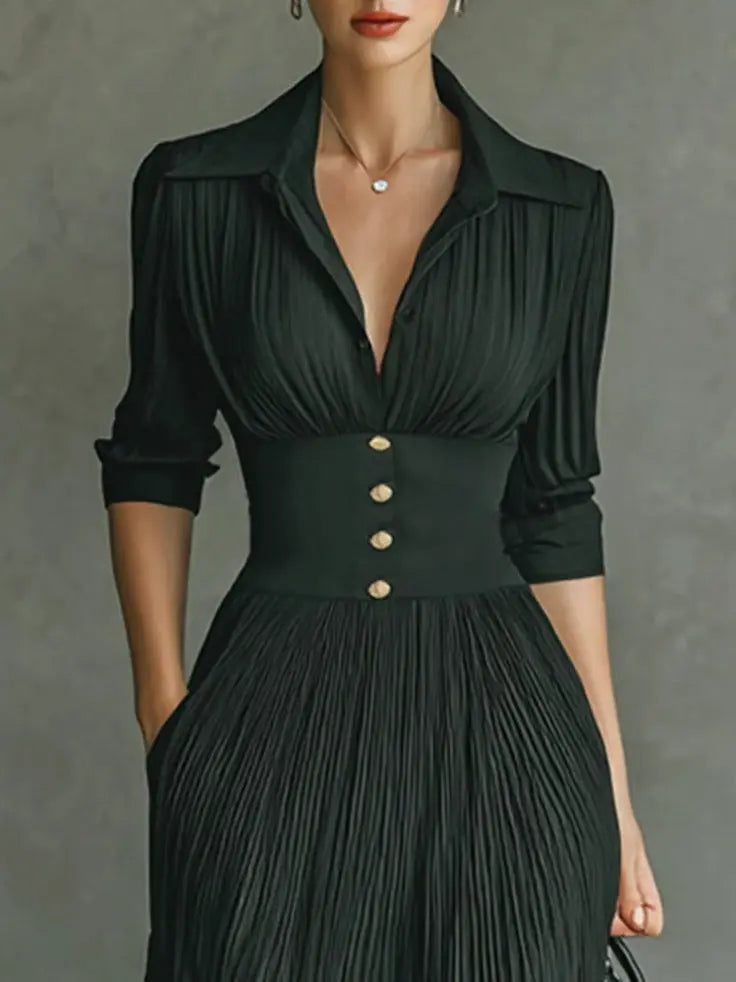 Woman wearing Pleated Button Maxi Dress with button-front, fitted — view 3 | Lunova