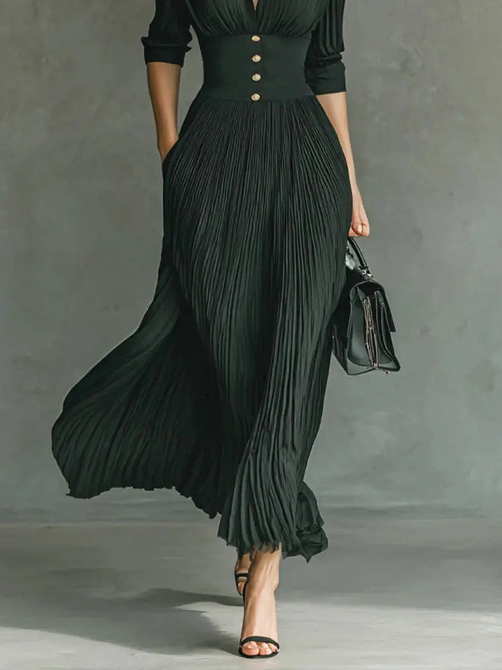Woman wearing Pleated Button Maxi Dress with button-front, fitted — view 4 | Lunova