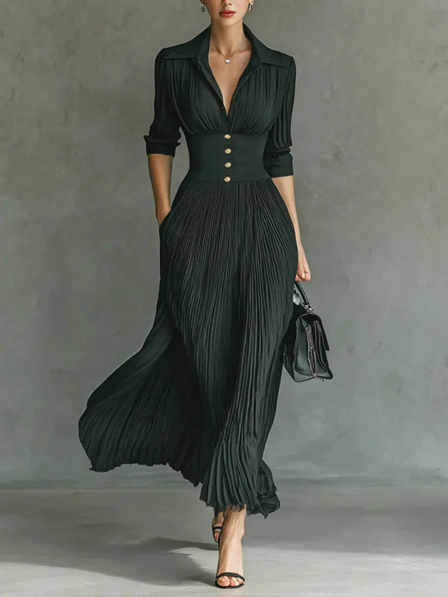 Pleated Button Maxi Dress-Lunova Fashion