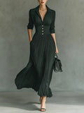 Woman wearing Dark Green Pleated Button Maxi Dress with button-front, fitted | Lunova