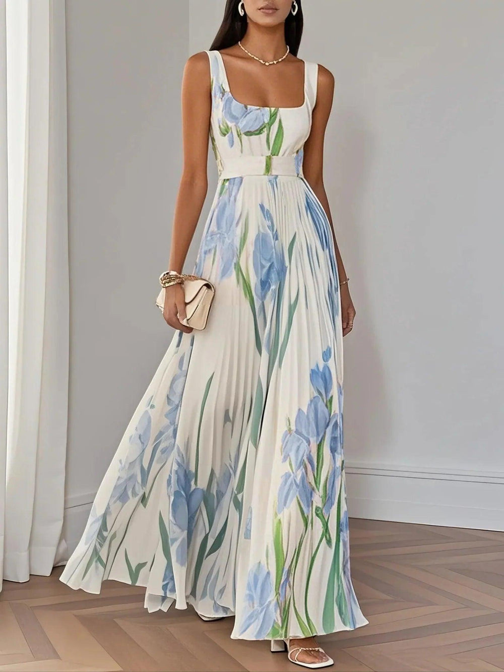 Pleated Floral Maxi Dress-Lunova Fashion
