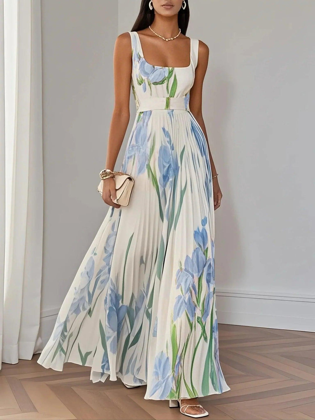 Pleated Floral Maxi Dress-Lunova Fashion