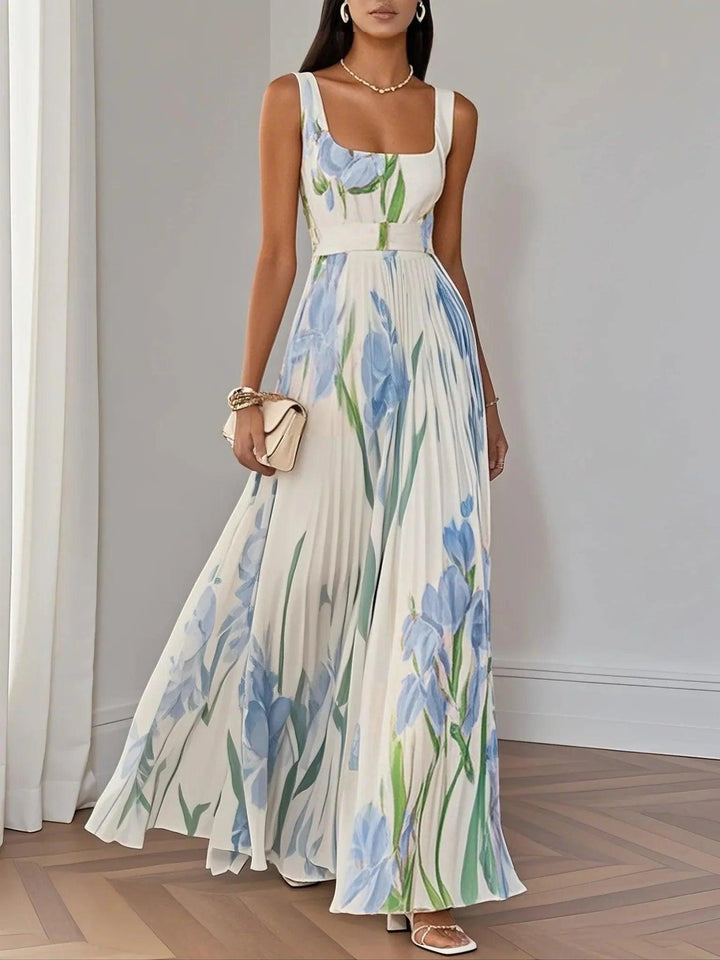 Pleated Floral Maxi Dress-Lunova Fashion