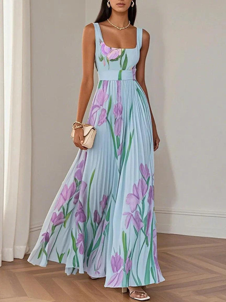 Pleated Floral Maxi Dress-Lunova Fashion