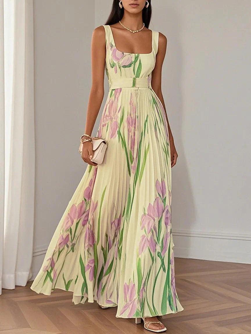 Pleated Floral Maxi Dress-Lunova Fashion
