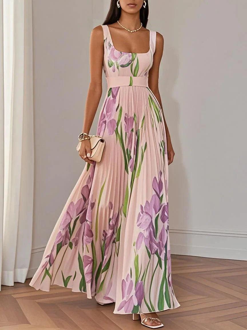 Pleated Floral Maxi Dress-Lunova Fashion