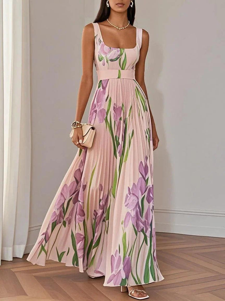 Pleated Floral Maxi Dress-Lunova Fashion