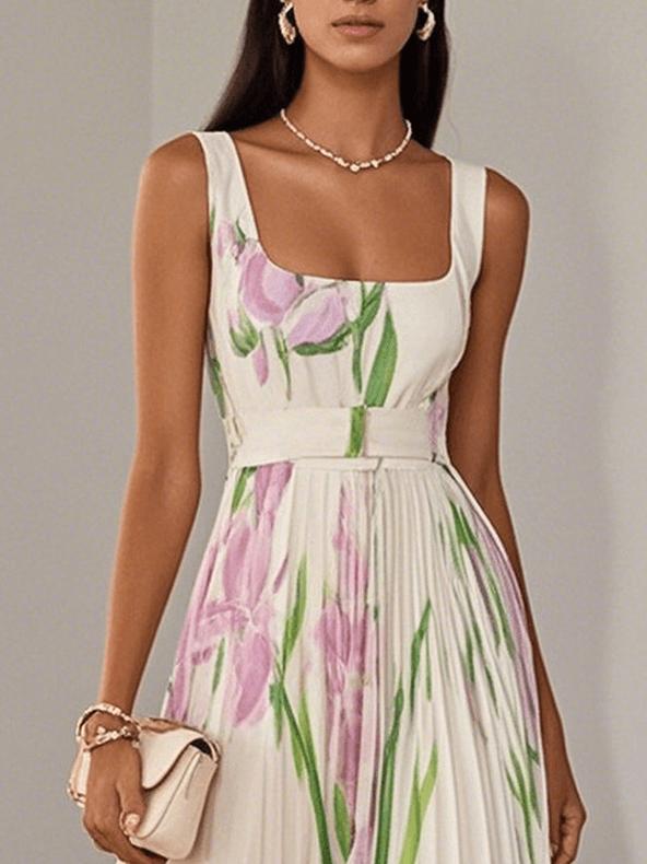Pleated Floral Maxi Dress-Lunova Fashion
