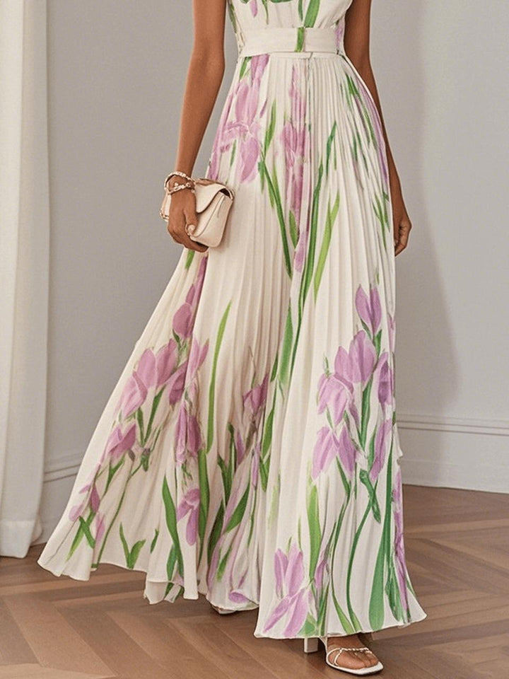 Pleated Floral Maxi Dress-Lunova Fashion