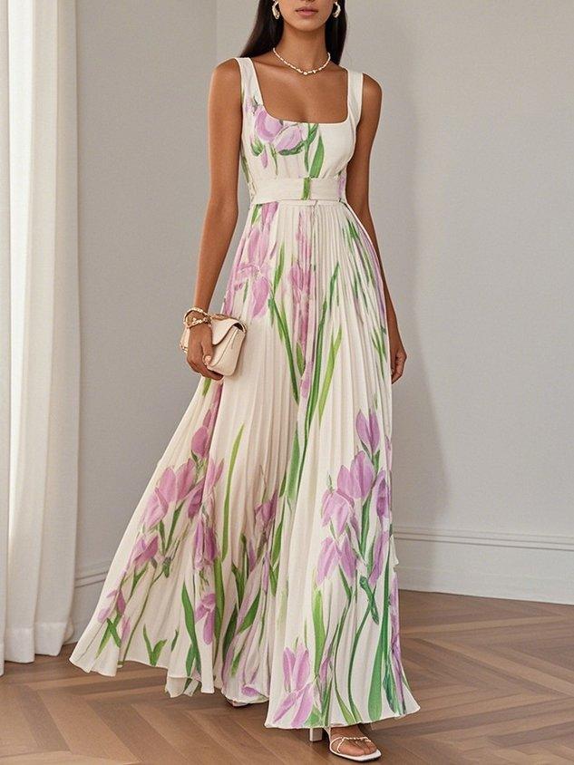 Pleated Floral Maxi Dress-Lunova Fashion