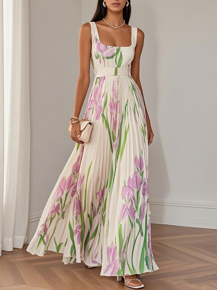 Pleated Floral Maxi Dress-Lunova Fashion
