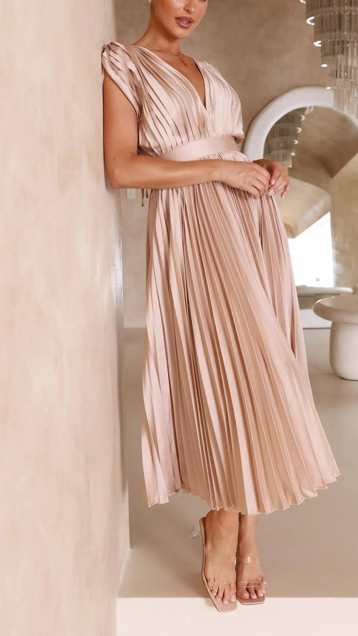 Woman wearing Pleated Maxi Dress with V-neck, high-waist — view 8 | Lunova