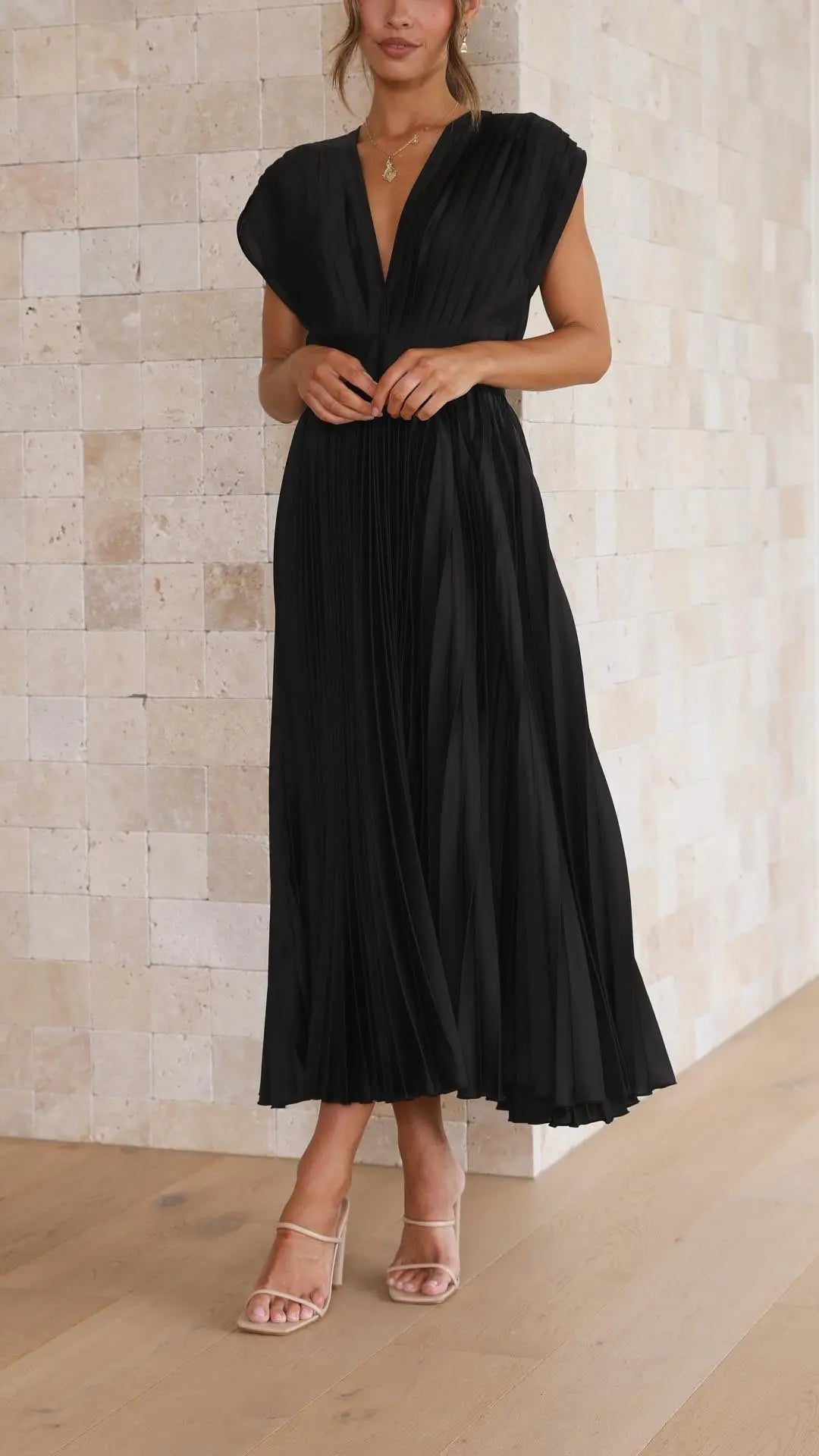 Woman wearing Pleated Maxi Dress with V-neck, high-waist — view 11 | Lunova