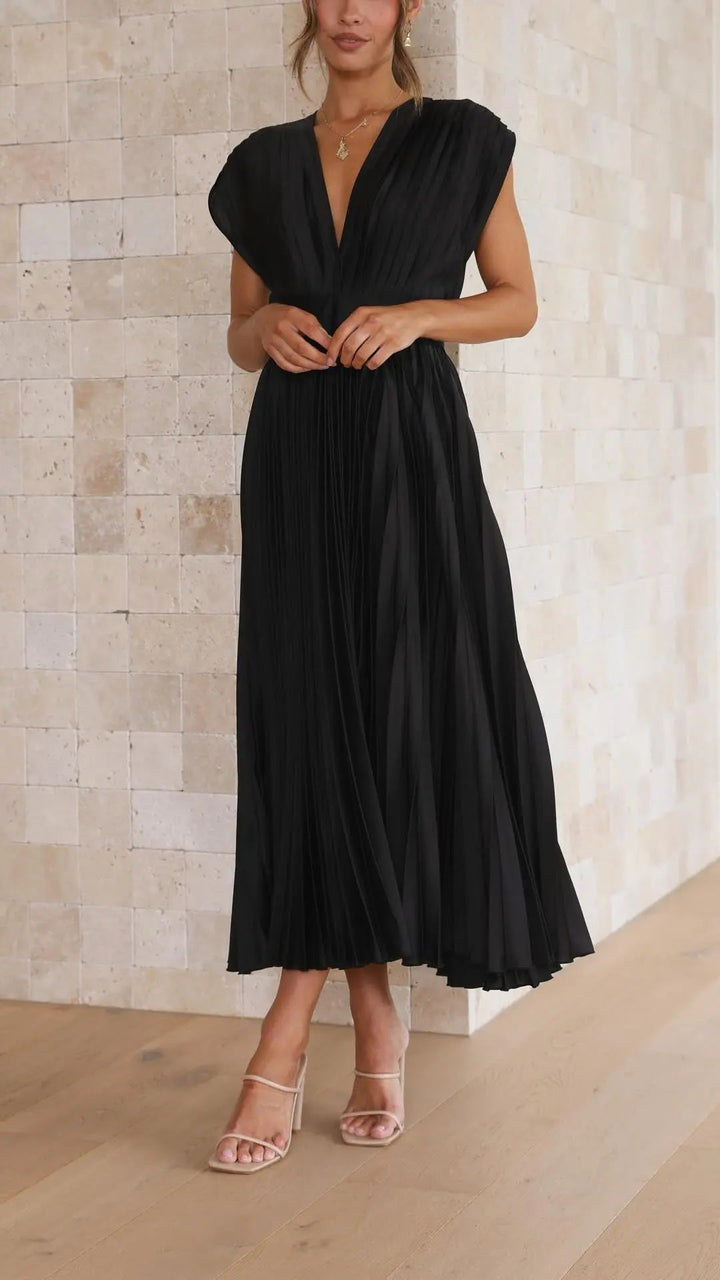 Woman wearing Pleated Maxi Dress with V-neck, high-waist — view 11 | Lunova