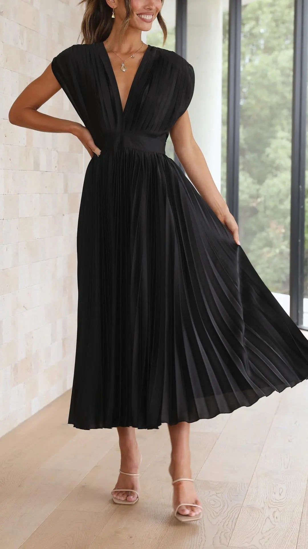 Woman wearing Pleated Maxi Dress with V-neck, high-waist — view 13 | Lunova