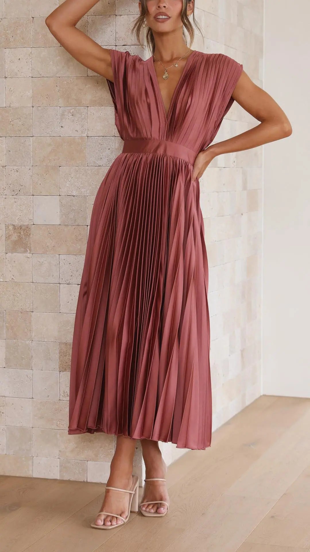 Woman wearing Pleated Maxi Dress with V-neck, high-waist — view 2 | Lunova