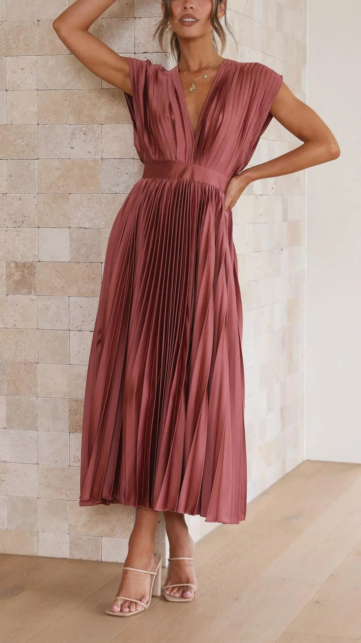 Woman wearing Pleated Maxi Dress with V-neck, high-waist — view 2 | Lunova