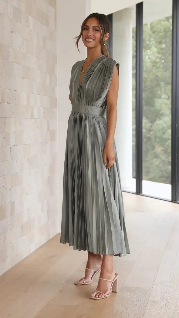 Woman wearing Pleated Maxi Dress with V-neck, high-waist — view 17 | Lunova
