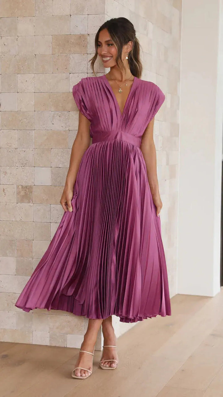 Woman wearing Purple Pleated Maxi Dress with V-neck, high-waist | Lunova