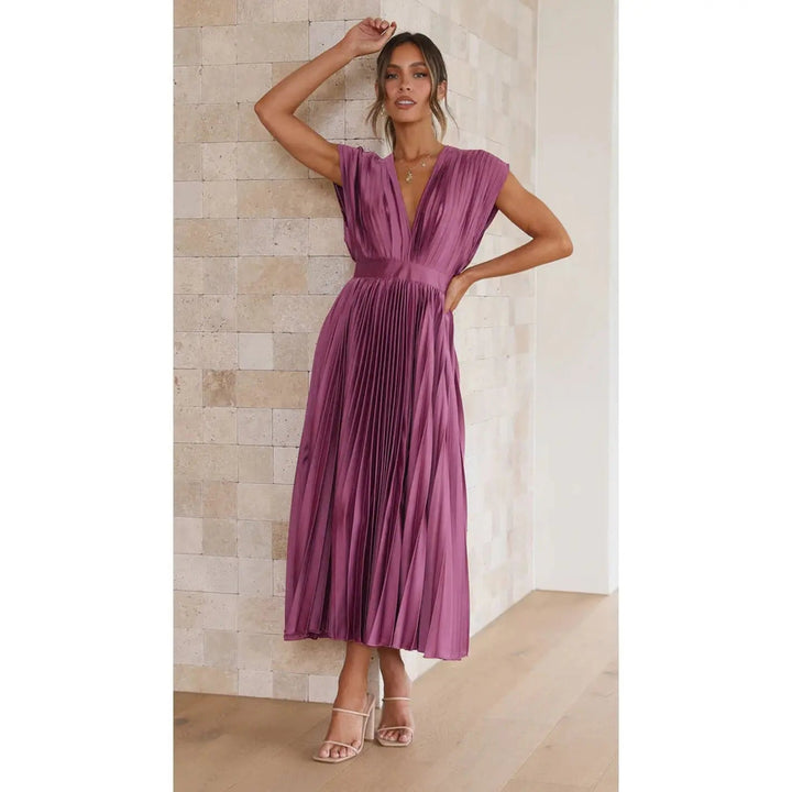 Woman wearing Pleated Maxi Dress with V-neck, high-waist — view 18 | Lunova