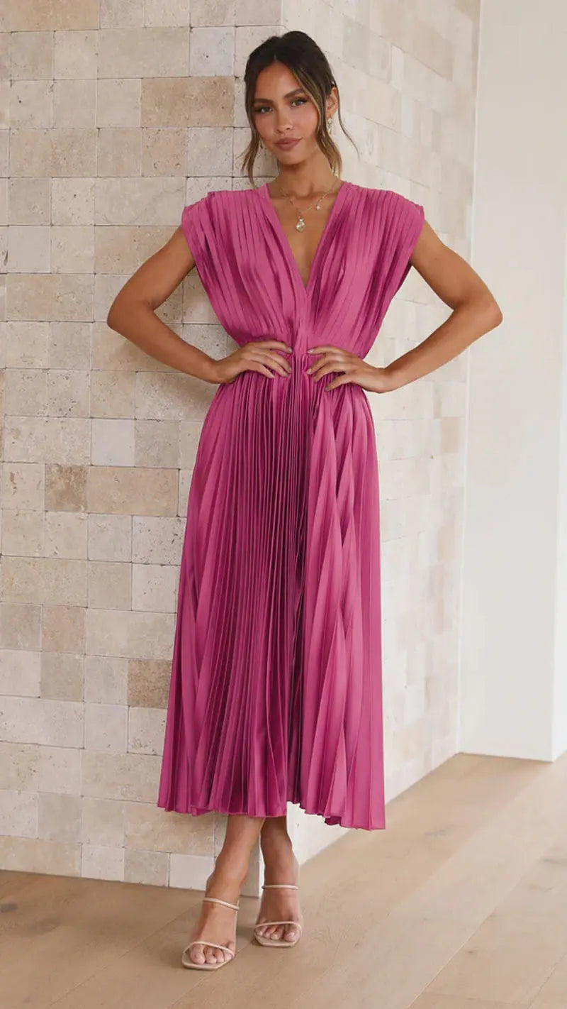 Woman wearing Pleated Maxi Dress with V-neck, high-waist | Lunova
