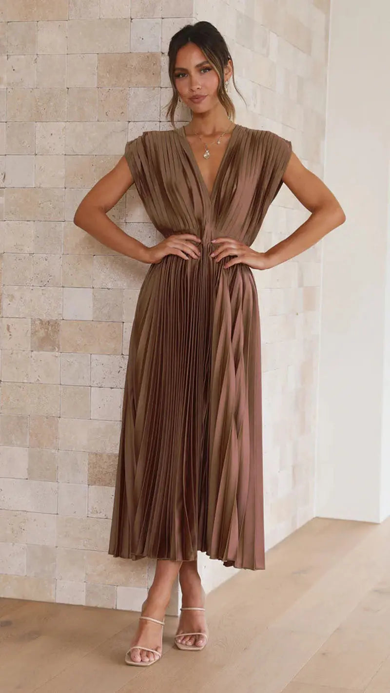 Woman wearing Brown Pleated Maxi Dress with V-neck, high-waist | Lunova