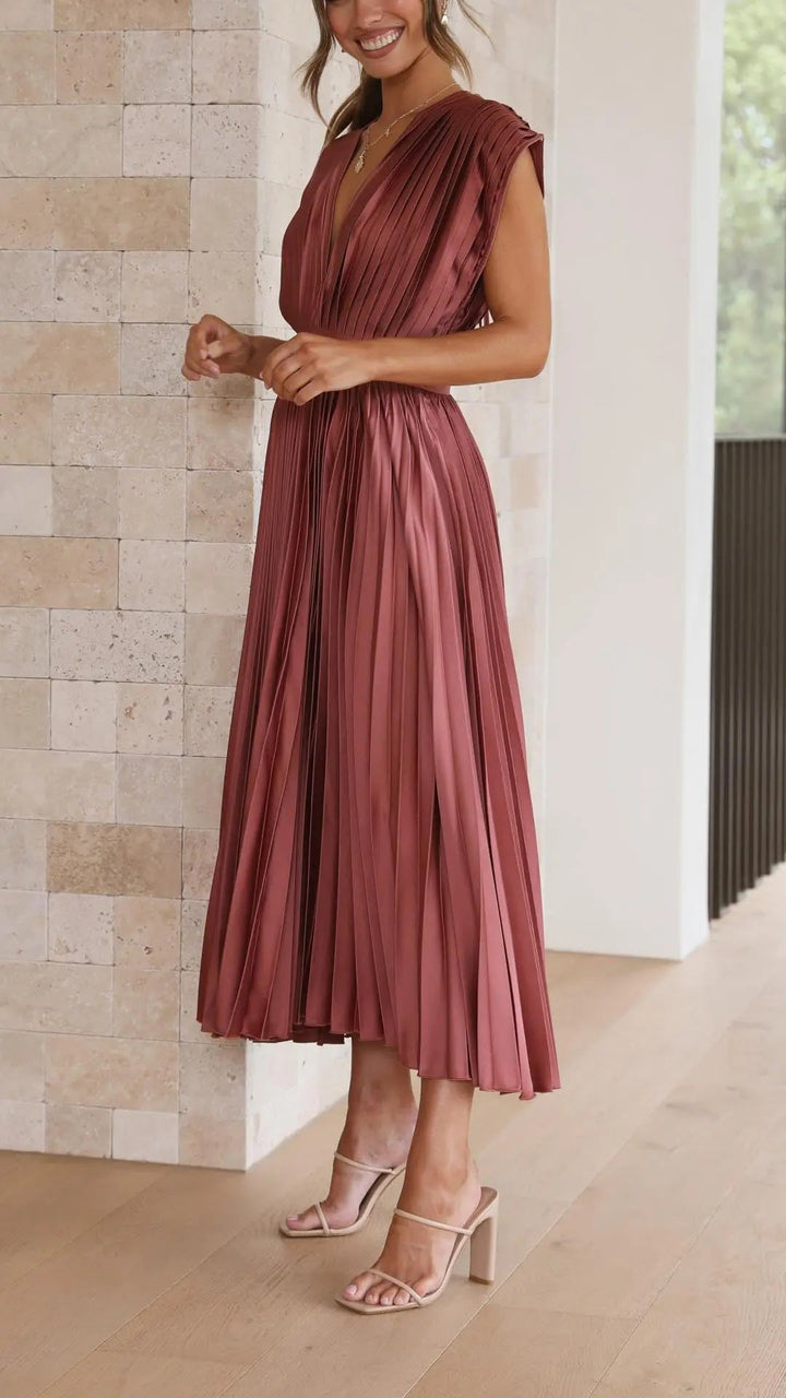 Woman wearing Pleated Maxi Dress with V-neck, high-waist — view 4 | Lunova