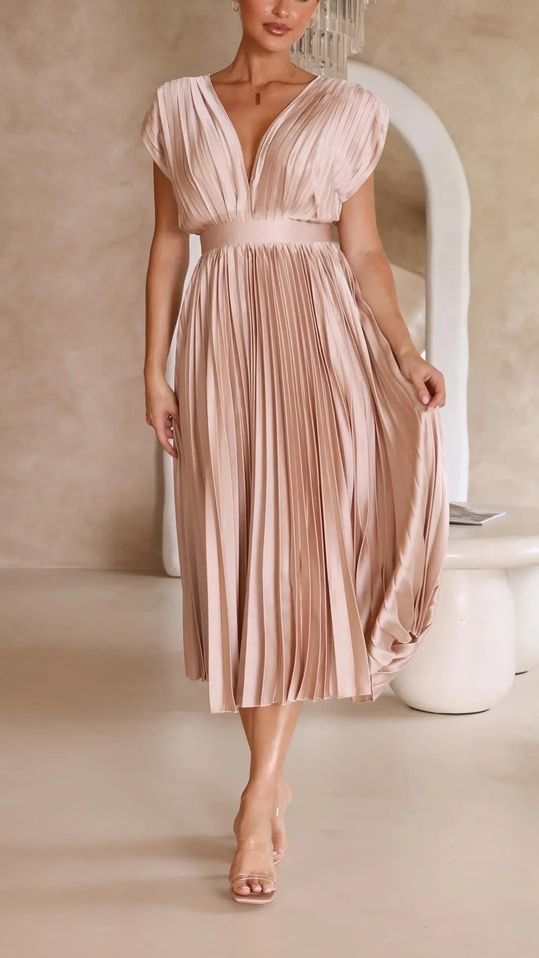 Woman wearing Pink Pleated Maxi Dress with V-neck, high-waist | Lunova