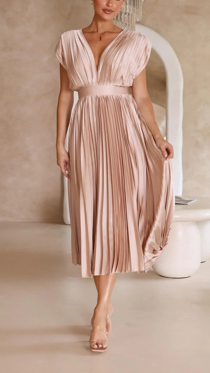 Woman wearing Pink Pleated Maxi Dress with V-neck, high-waist | Lunova