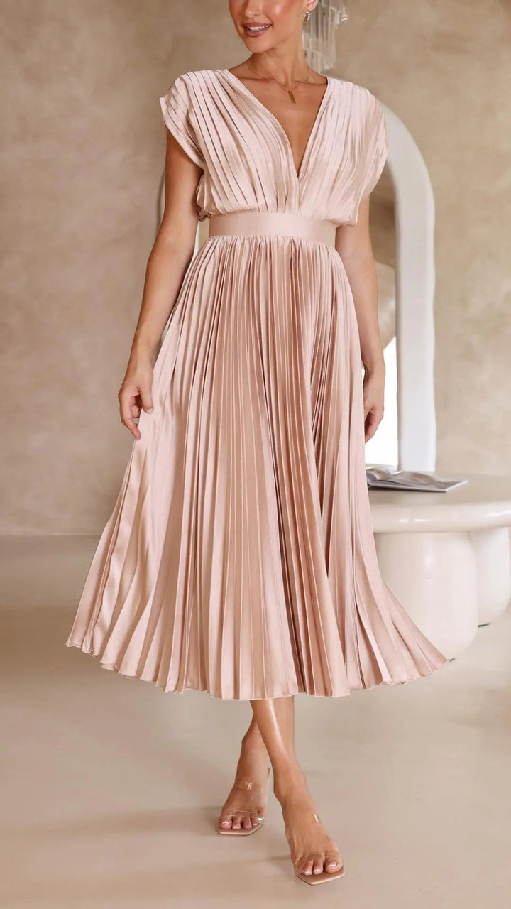Woman wearing Pleated Maxi Dress with V-neck, high-waist — view 5 | Lunova