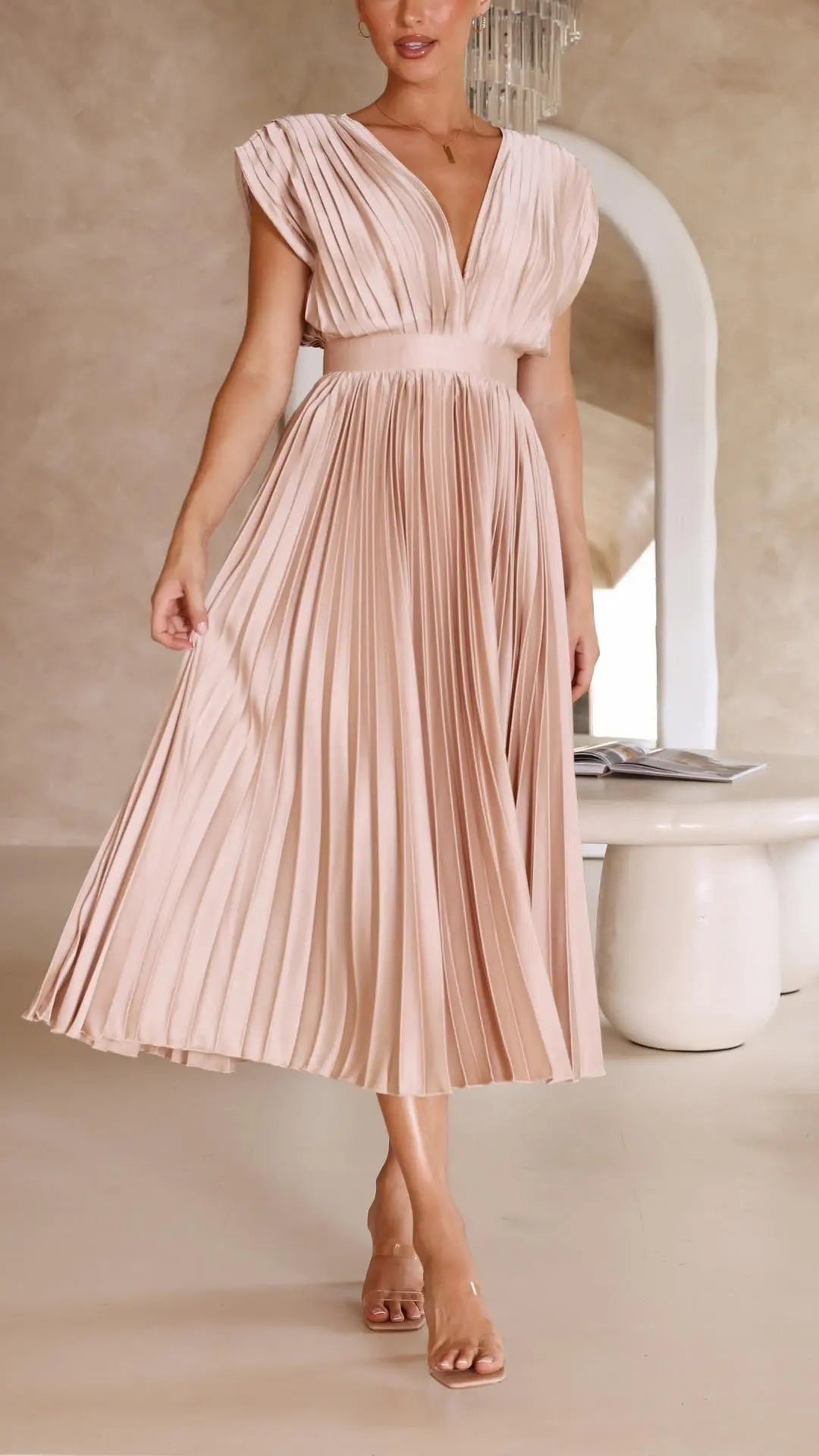 Woman wearing Pleated Maxi Dress with V-neck, high-waist — view 6 | Lunova