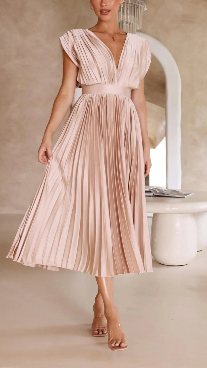 Woman wearing Pleated Maxi Dress with V-neck, high-waist — view 6 | Lunova
