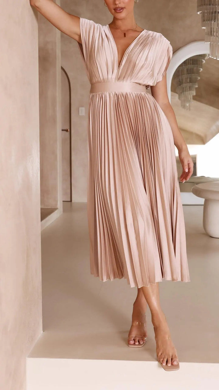 Woman wearing Pleated Maxi Dress with V-neck, high-waist — view 7 | Lunova