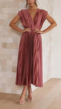 Woman wearing Pleated Maxi Dress with V-neck, high-waist | Lunova