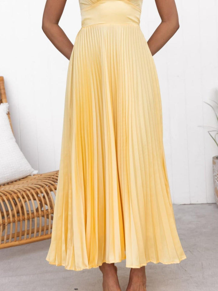 Woman wearing Pleated Midi Dress with A-line, flowing — view 2 | Lunova