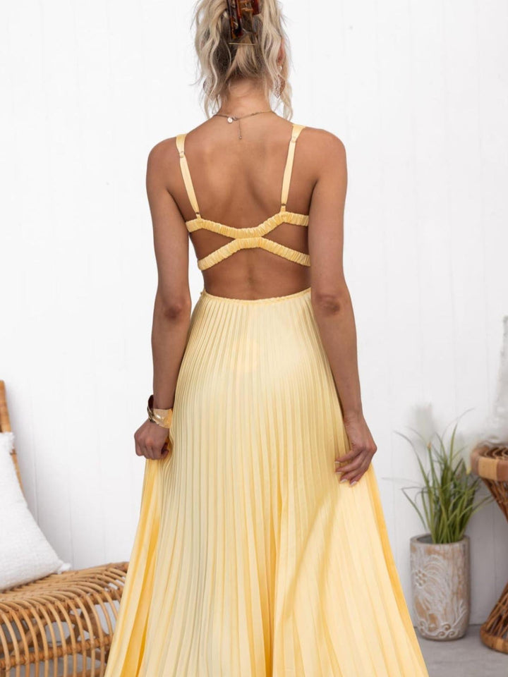 Woman wearing Pleated Midi Dress with A-line, flowing — view 3 | Lunova